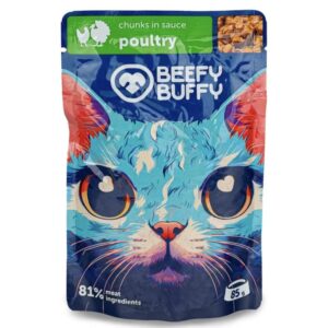 BEEFY BUFFY kapsičky pre mačky mäsové hydinové kúsky v omáčke 85 g