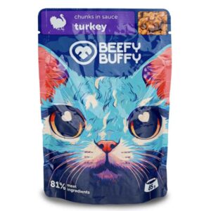 BEEFY BUFFY kapsičky pre mačky mäsové morčacie kúsky v omáčke 85 g