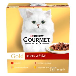 Gourmet Gold konzervy pre mačky hovädzie, morka a kačica, losos a kura, kura, pečeň v šťave 8 x 85 g